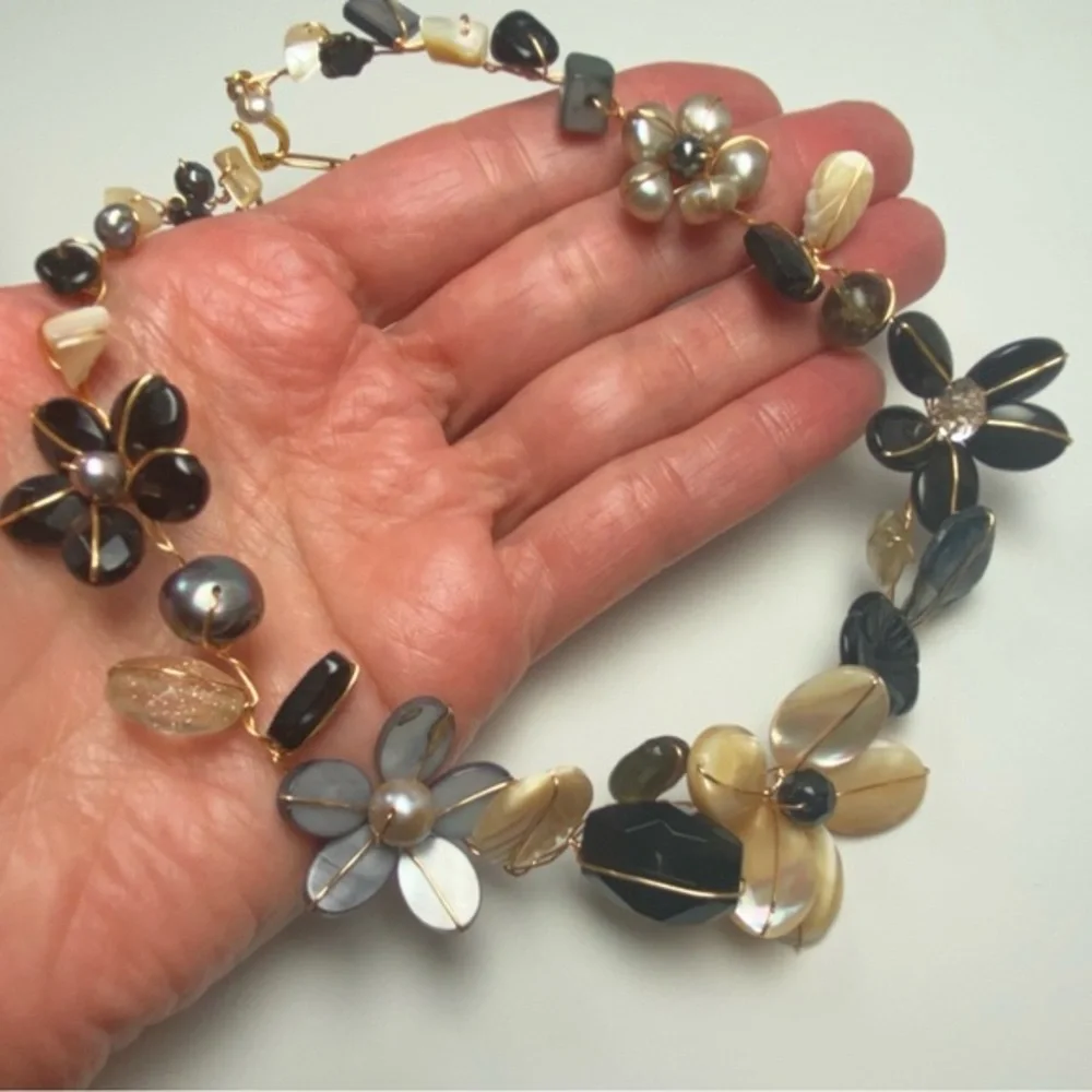 Abra Couture Handmade Natural Shell Beiges Gem Flower Collar GW Artisan Necklace